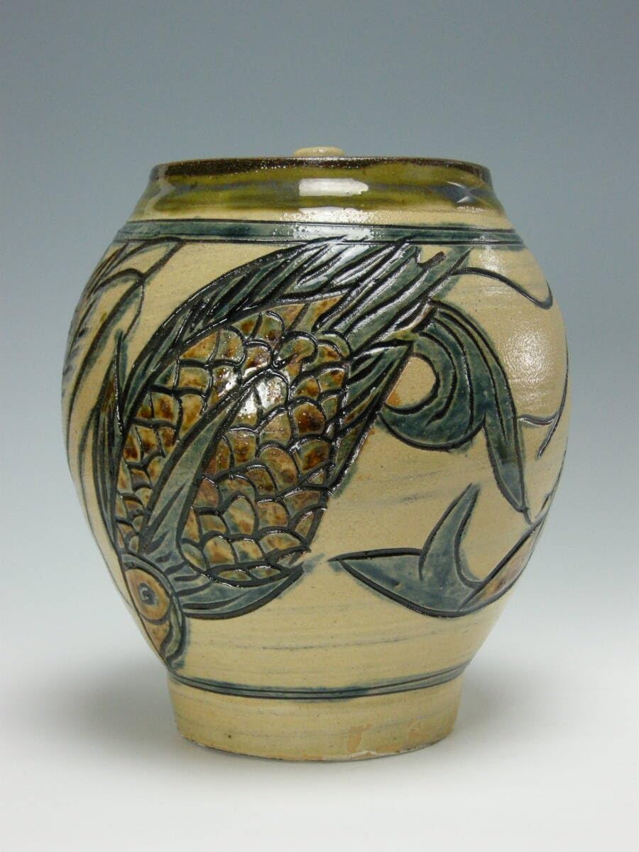 壺屋焼 人間国宝 金城次郎 作 海老魚文水指