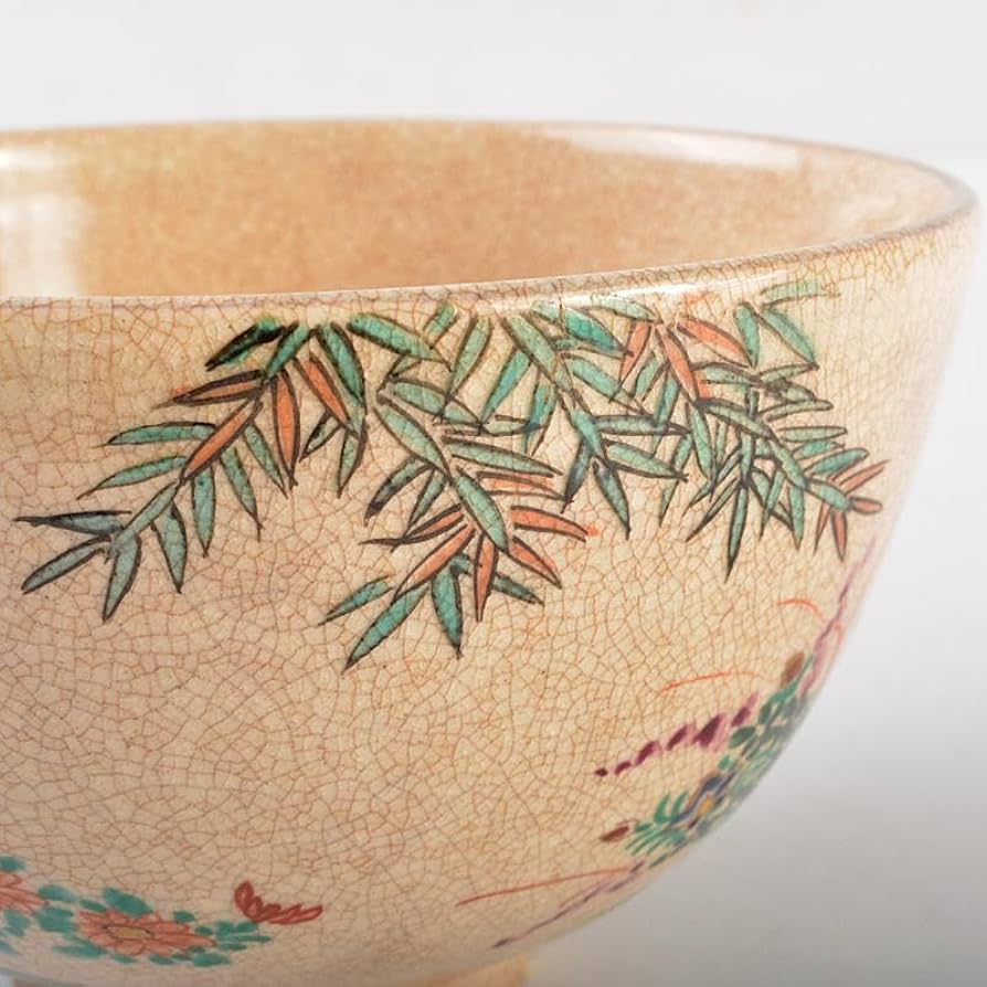 茶道具 京焼 野々村仁清作 色絵 竹下群花文 茶碗 時代箱付 M R5269