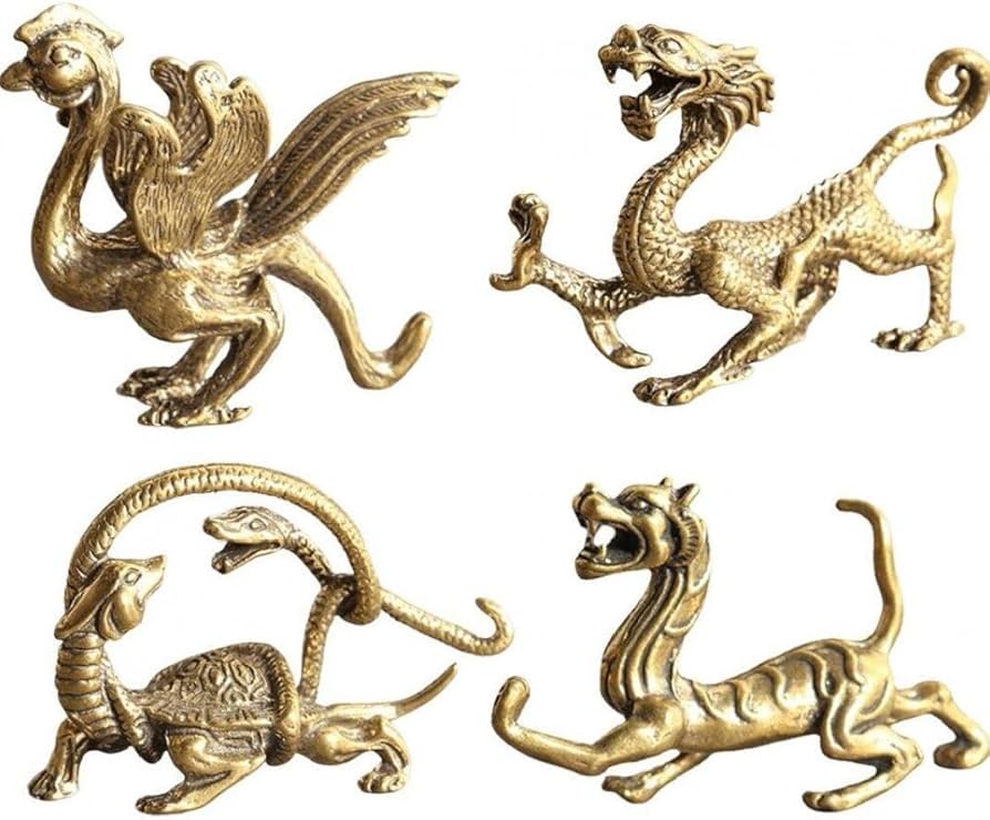 Amazon.co.jp: 真鍮製 中国四神獣の置物 緑龍 白虎 朱雀 黒亀 茶席飾り