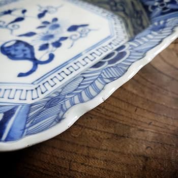 希少無傷 中国美術 明 天啓古染付 牛車に翁 紗綾紋 隅切角皿 古伊万里