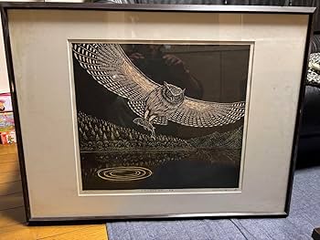 ☆手島圭三郎☆「ふくろうと少女、花」木版画 全紙サイズ 未使用額