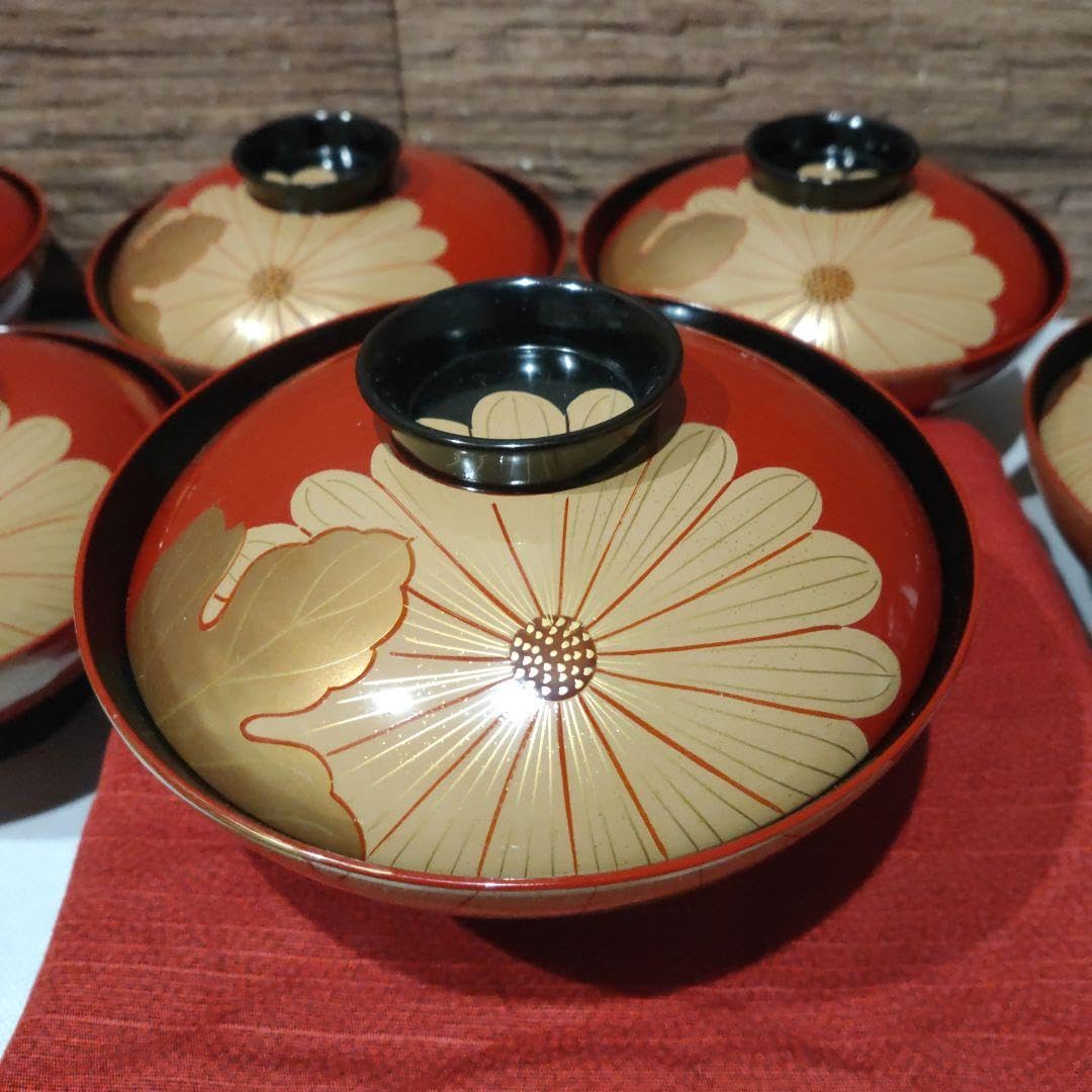 R》輪島塗 鉄線蒔絵 吸物椀5客【角知作】木製漆器 共箱