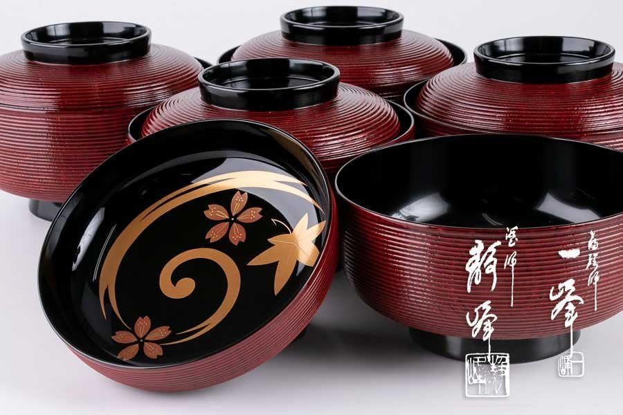 天然木製漆塗 在銘 輪島塗 竹金蒔絵 吸物椀5客セット - 生活