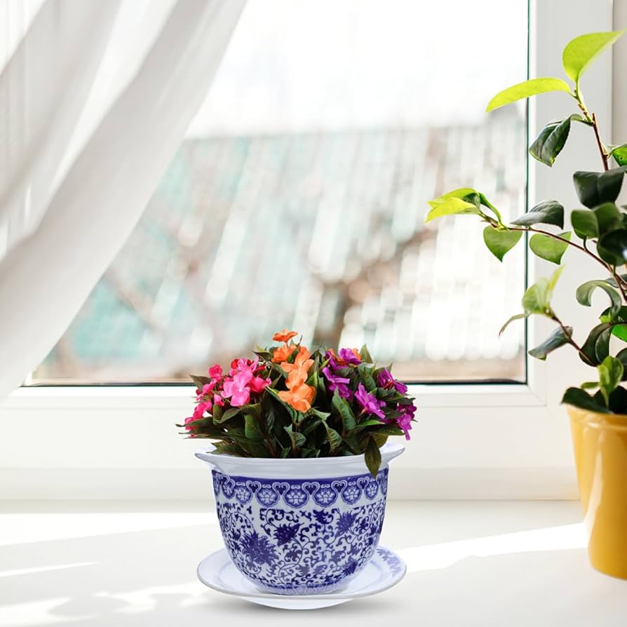 青と白の植木鉢、排水穴付き、青と白のプランター セラミック