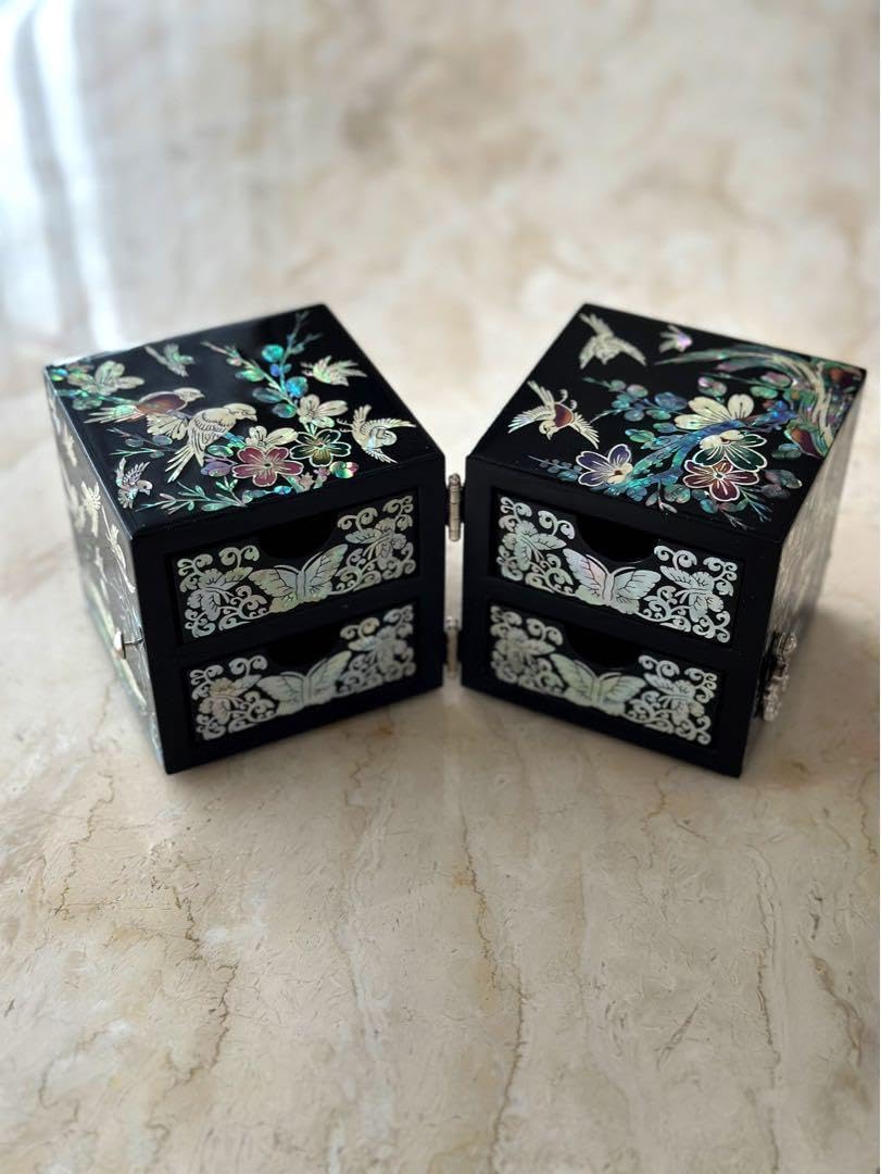 韓国伝統工芸螺鈿細工 らでんの宝石箱 鏡付き 引き出し付 木製黒漆塗り