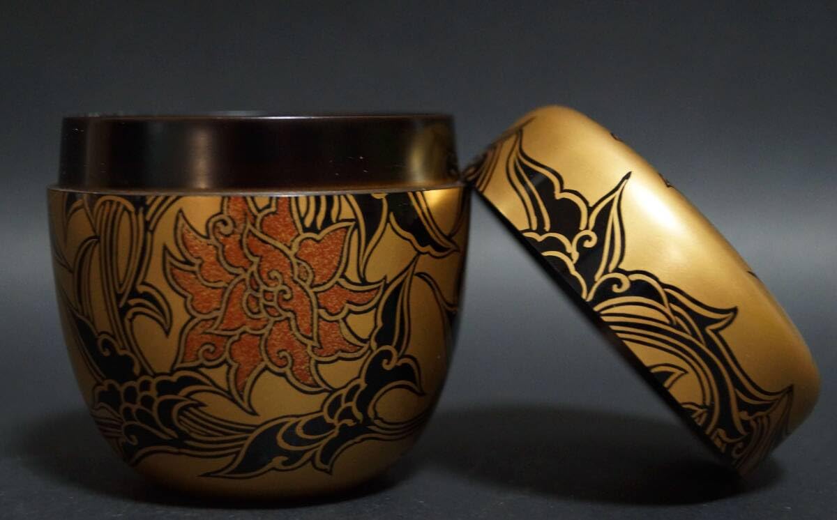 輪島塗 蒔絵師 紫香 (谷内 一則)造 金蒔絵『唐花』棗木製漆塗 共箱☆美