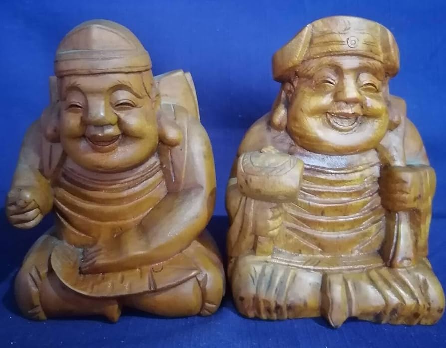 Amazon.co.jp: 七福神大黒様布袋様木彫りの置物恵比寿様木彫り二体中