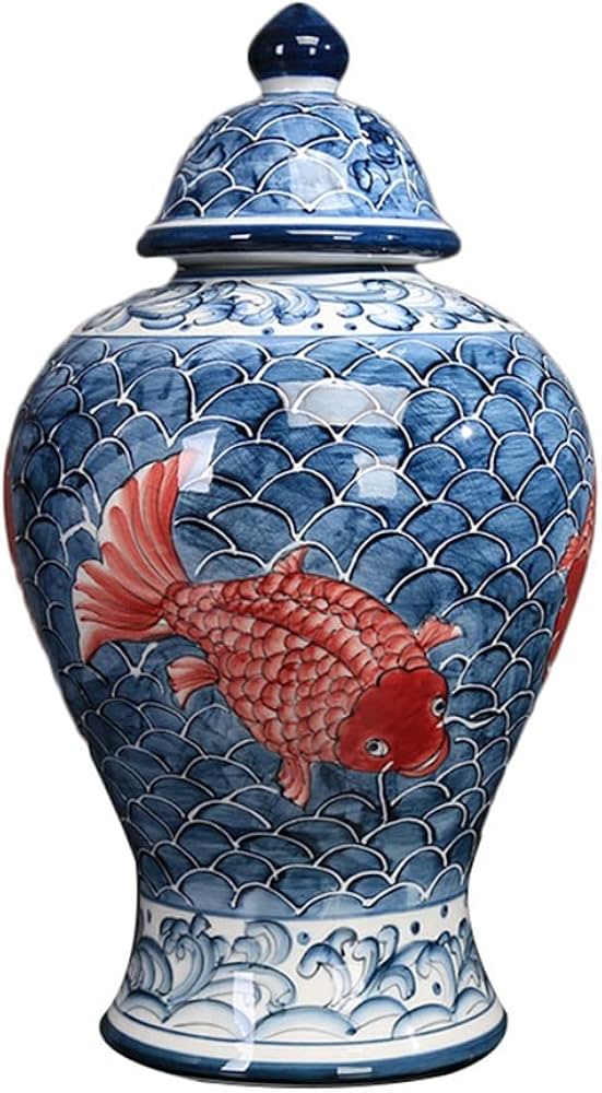 Amazon.co.jp: 中国塗鯉陶磁器蓋付収納壺 中国封甕花瓶置物 リビング
