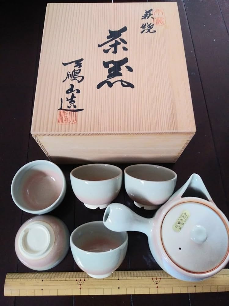 伝統工芸・荻焼椿窯・天鵬山廣瀬淡雅・汲出揃天鵬山造・5客木箱入り