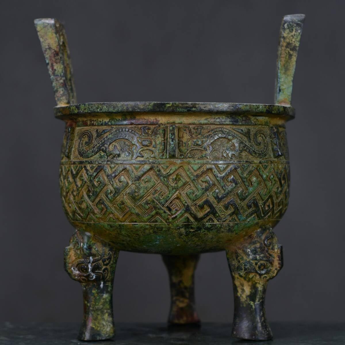 時代青銅製 金工細工 西周鼎 大型香炉 銘文入 置物 オブジェ 古美術