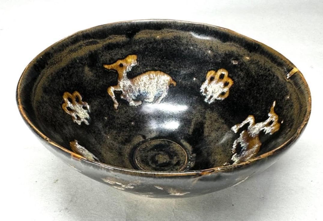 南宋 吉州窯 玳玻天目 玳玻釉牛文茶碗 剪紙紋 天目茶碗 中国古