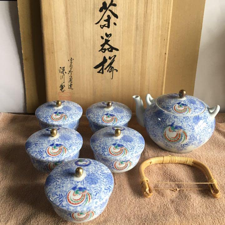 1702 深川製磁 菖蒲 茶器セット 急須1客 湯呑蓋付3客