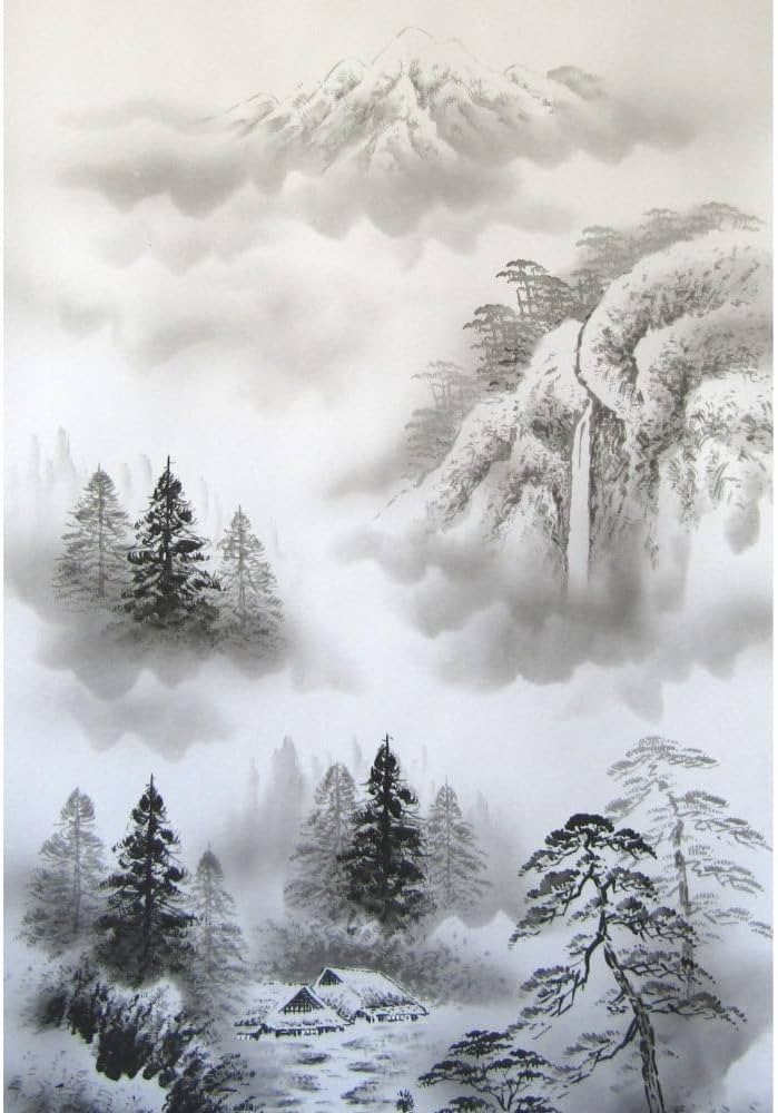 ☆美品☆掛軸 風景画 モノクロ☆ 掛け軸 水墨山水 (中沢樹芳) （掛軸