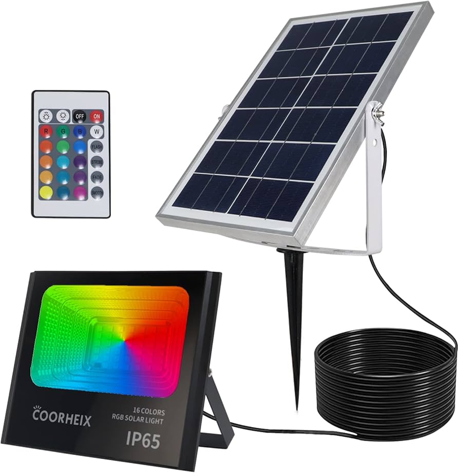 COORHEIX RGBW Solar Flood Lights Outdoor with Remote,LED Color