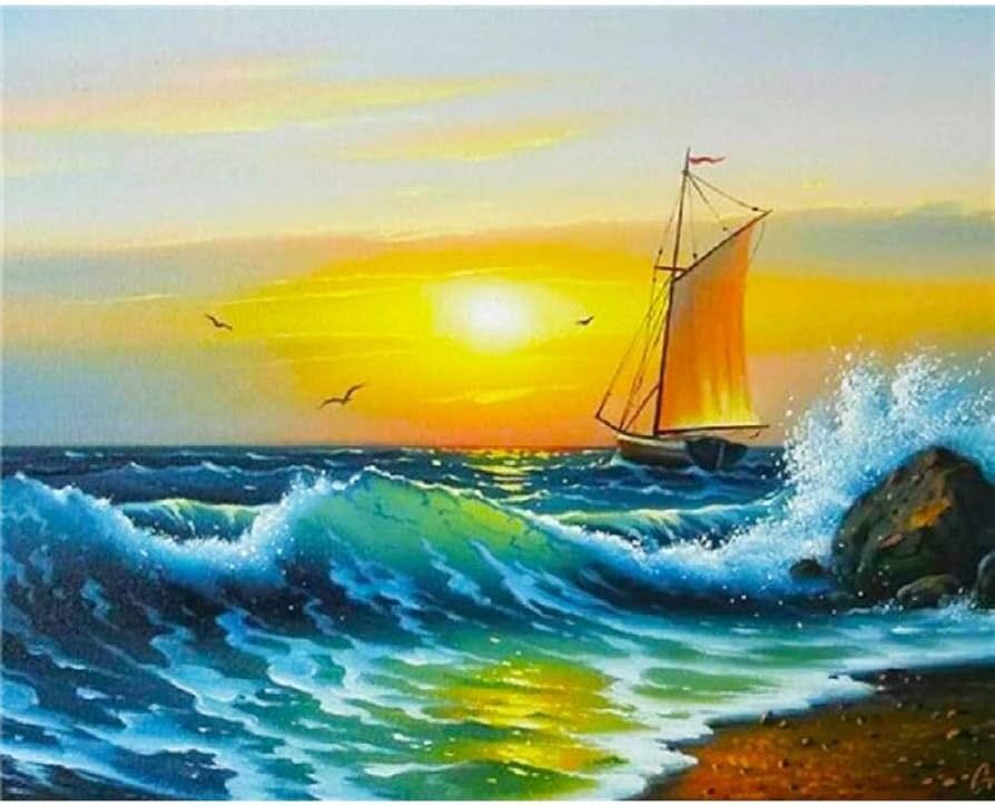 Amazon | LZHLMCL アクリル絵の具デジタル絵画 数字で描く海の風景