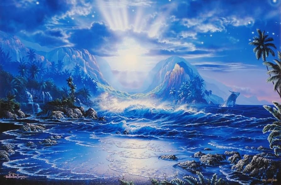 風景画 滝と海洋生物 クリスチャンリース ラッセン Amazon.co.jp: 青い