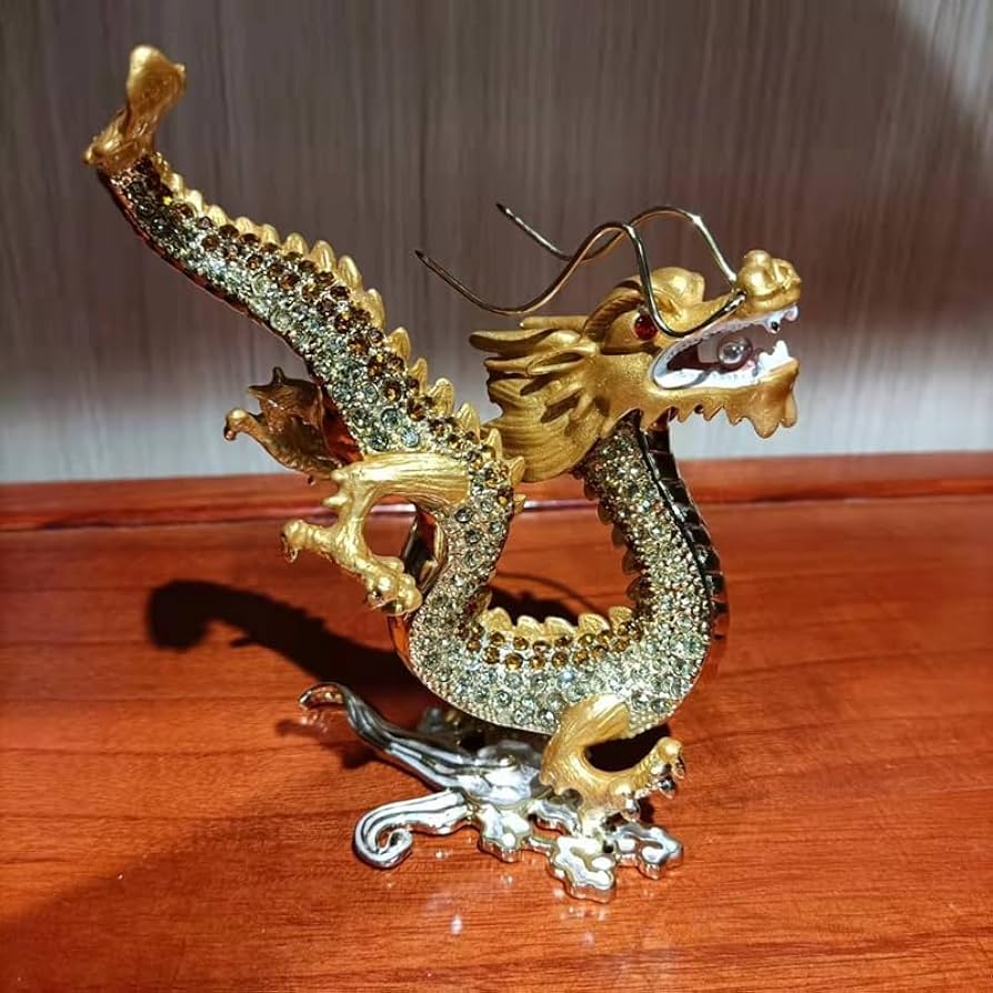 ガラス製ドラゴン彫刻 オレンジ・緑色 風水アイテム