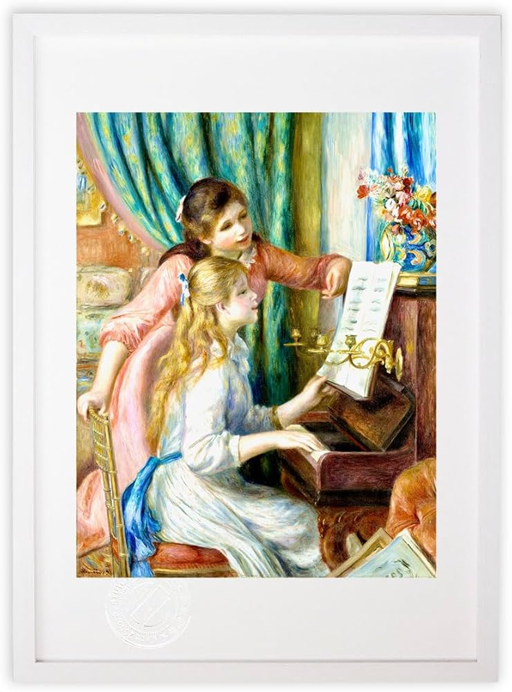 絵画 。壁掛け絵原画【部屋の中で花瓶を片付ける少女と楽しく遊ぶ2匹の