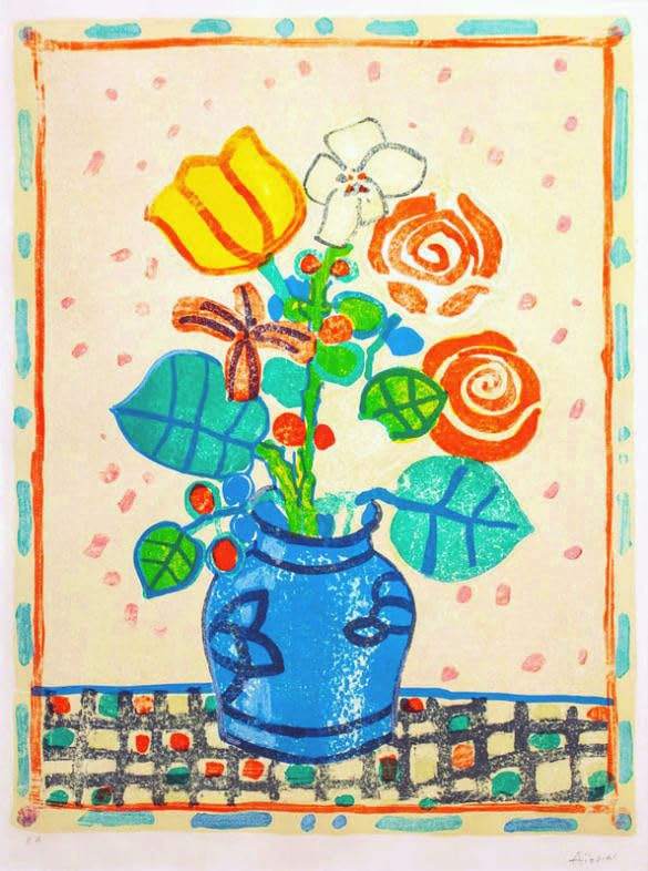 Amazon｜ポール ・ アイズピリ 「 ベージュの背景の青い花瓶の花束