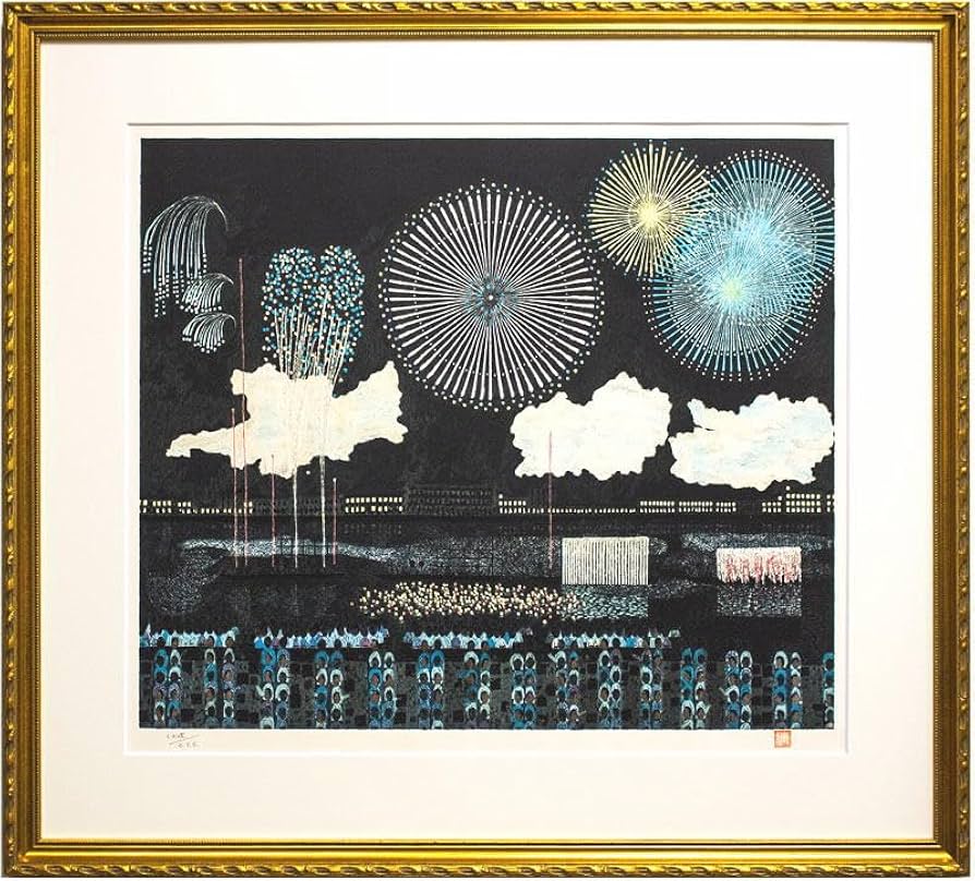 風景画 油絵 山下清 花火 F6 額付き 手描き 肉筆 風景画 油絵 山下清