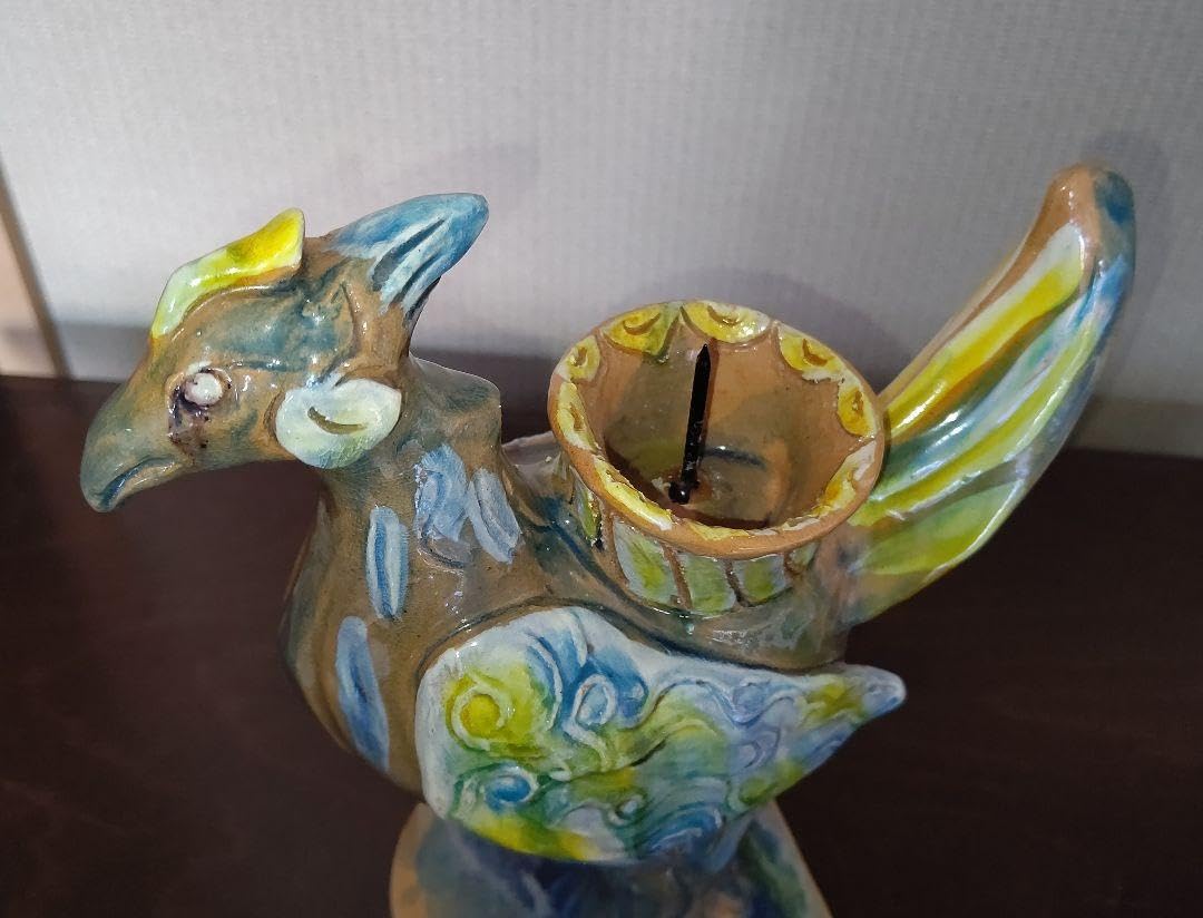 ペルシャ風 三彩 鳥型燭台 芳炎作 一念窯 陶器 キャンドルスタンド