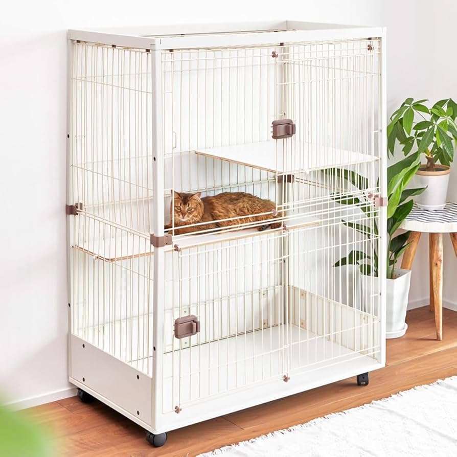 Amazon | ieneko 猫 ケージ 2段 おしゃれ 木製 幅広96cm 大型 横