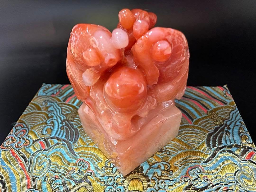 22ラオス石 金魚 桃花凍石美材篆刻 高級印材 落款 書道 雅号 展示会 箱.