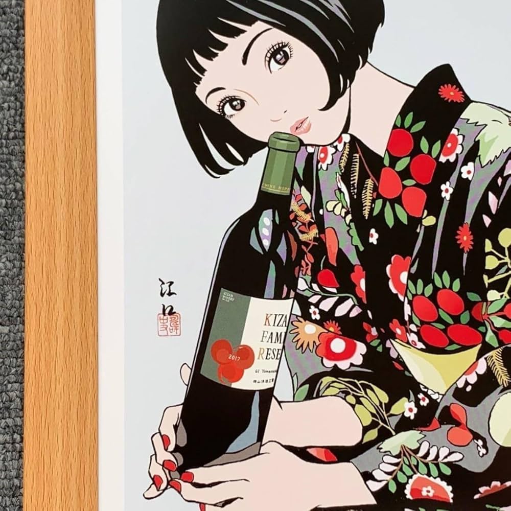 江口寿史 直筆イラスト Yシャツとワインの女の子。 江口寿史 直筆