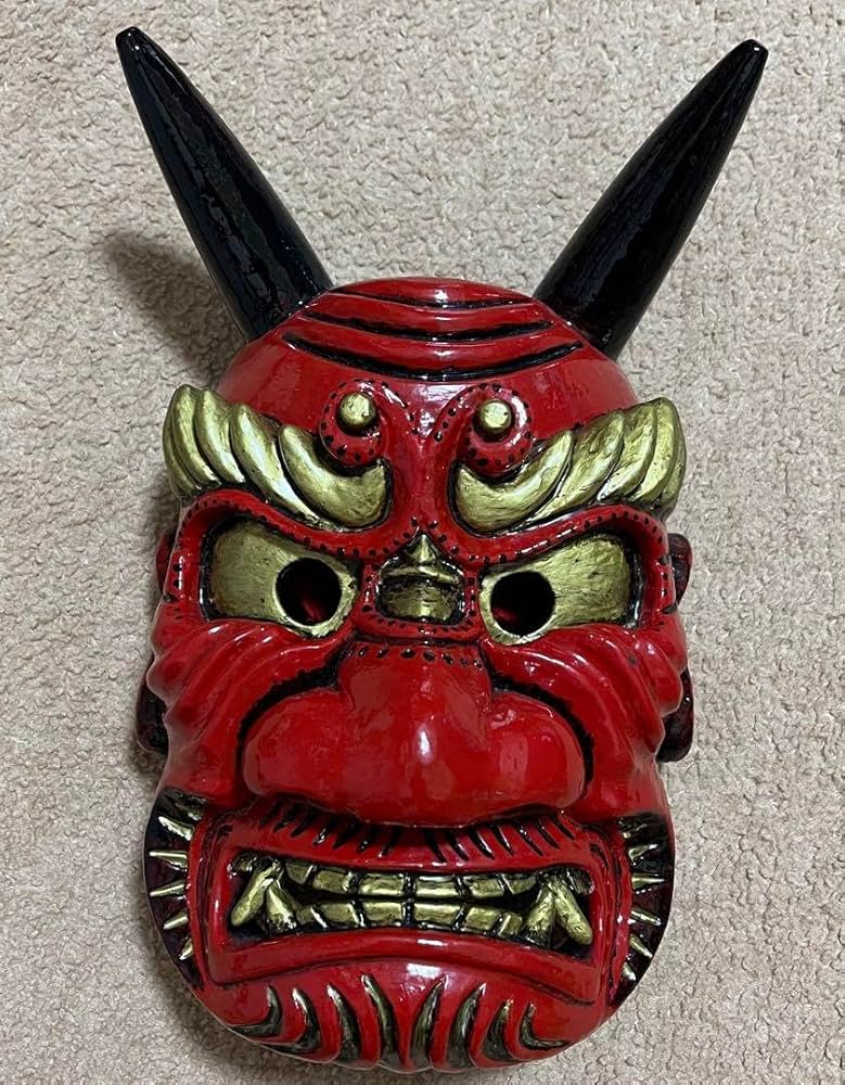 能面木製 収納袋付き手彫り鬼般若