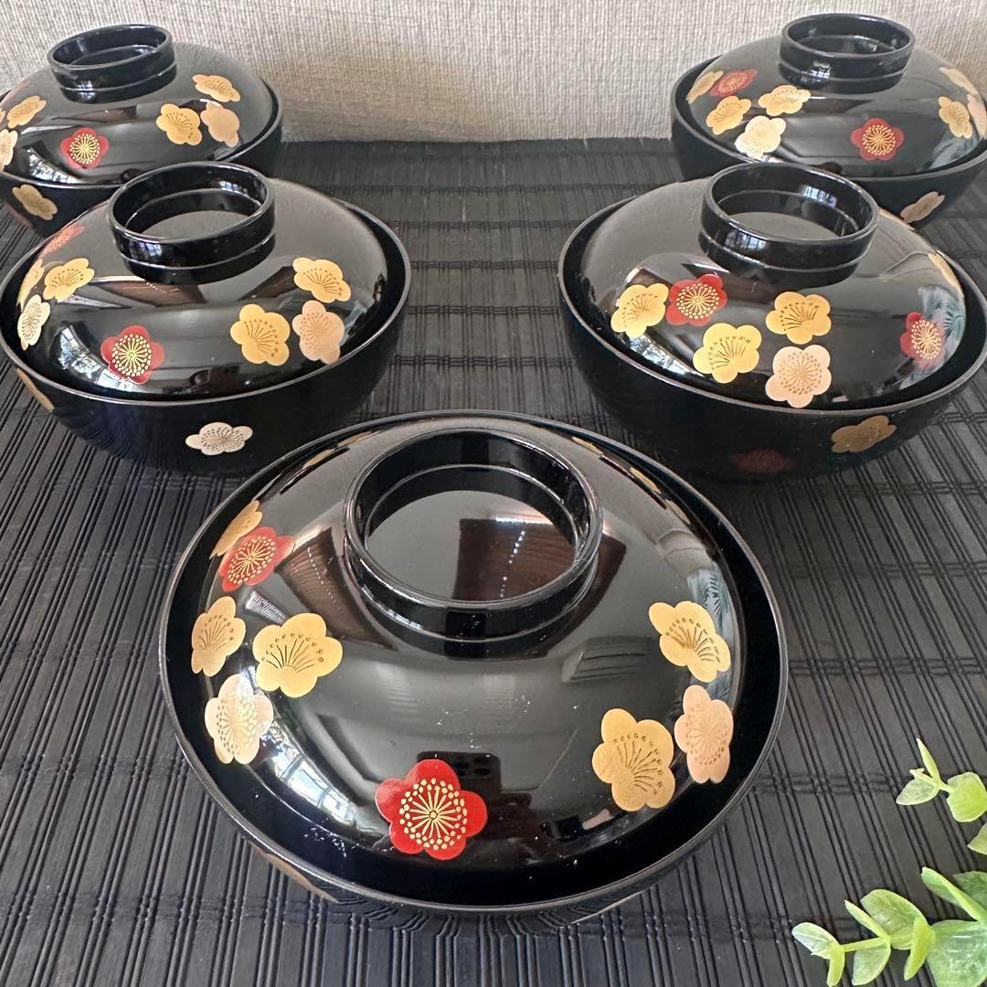 漆器 椀 5個セット 金箔花模様 木箱付き 雑煮椀 5客 セット