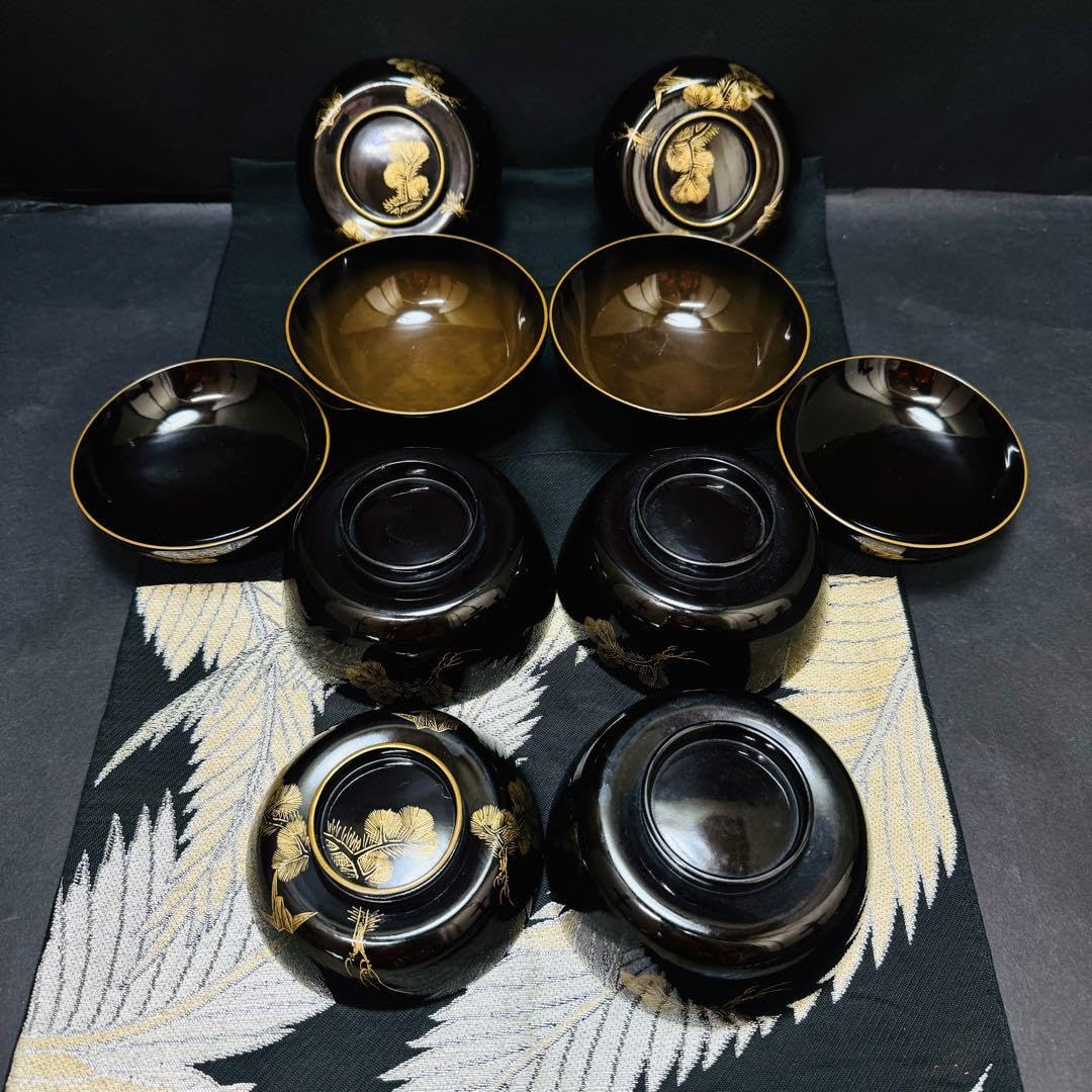 漆器 輪島塗天然木製 金蒔絵松と鶴の模様縁起柄煮物椀吸い物椀蓋付5客