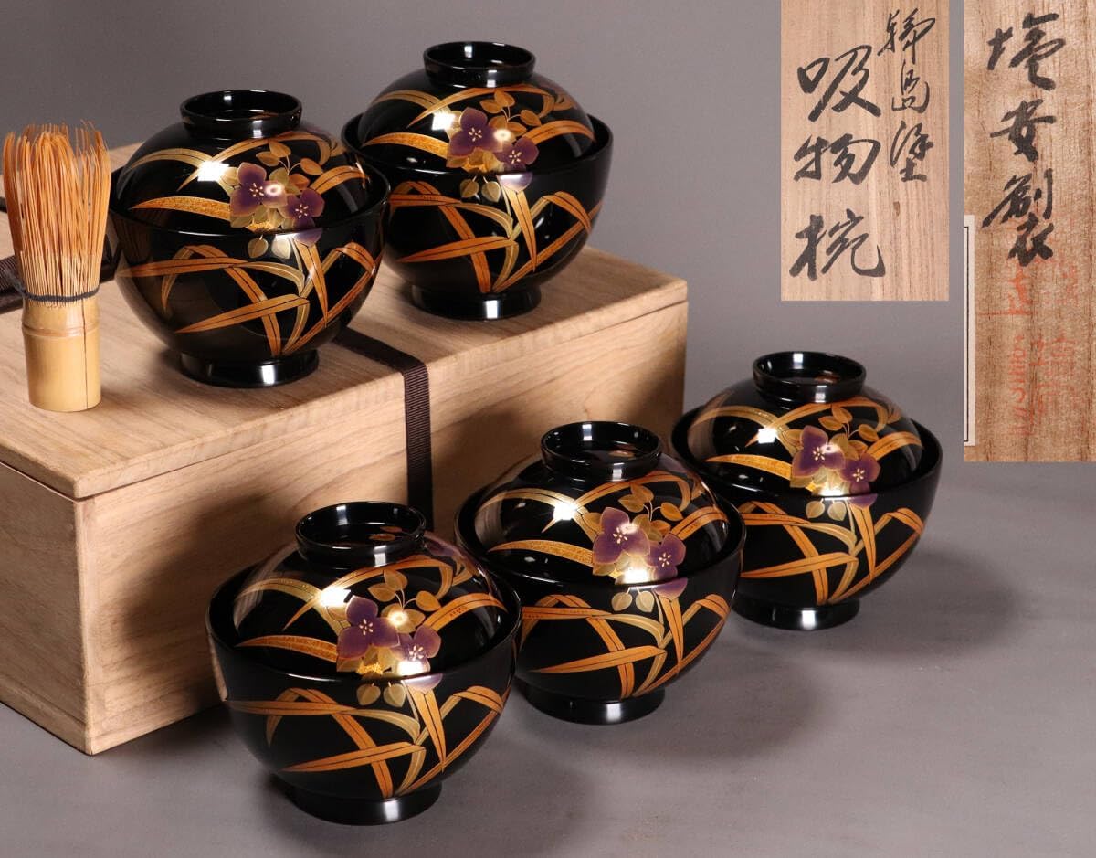 扇屋 時代 【103】茶懐石道具 時代黒四方草花蒔絵折敷 盆 五客 光琳