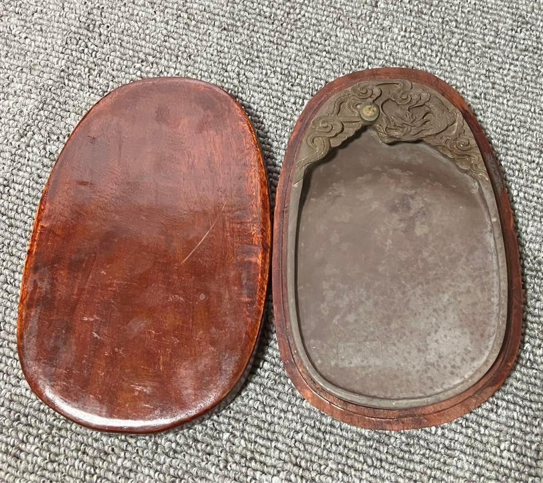 1964 中国骨董雲龍鳳凰満月半月硯書道具時代物