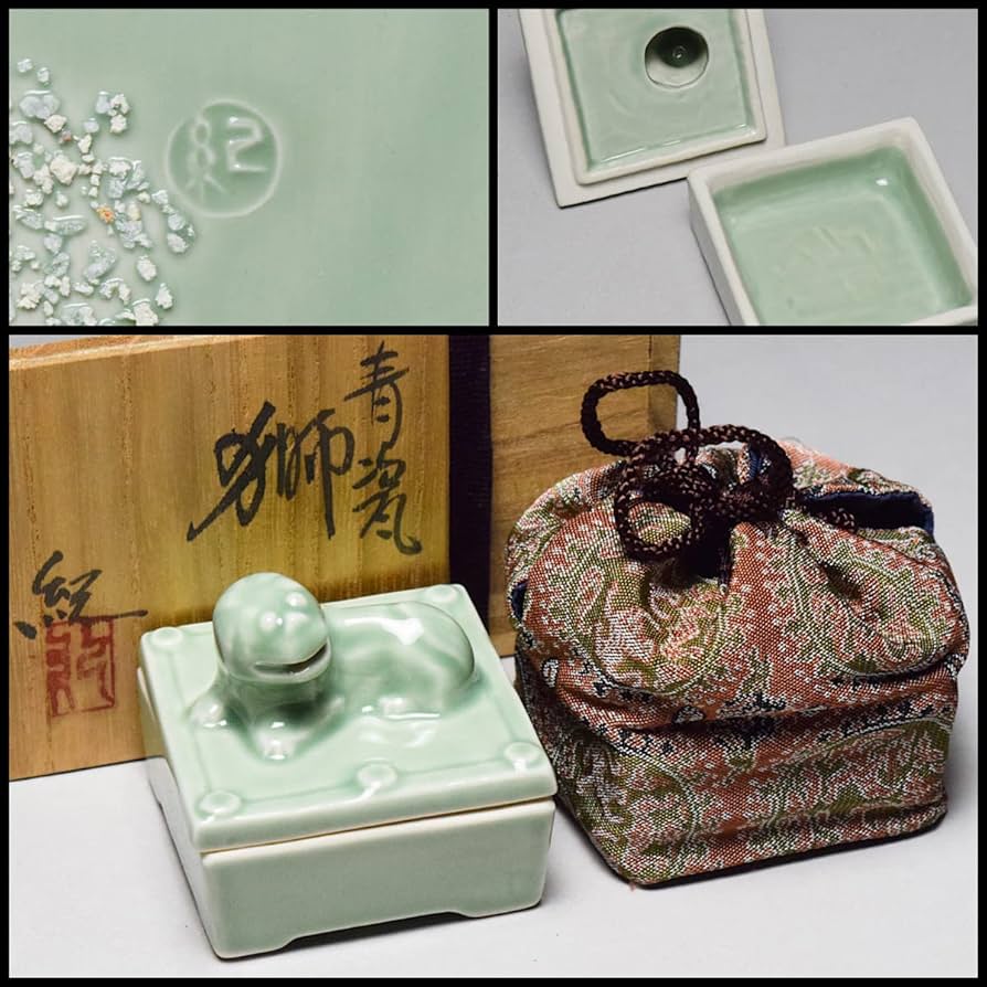 Amazon.co.jp: 河合紀青磁獅子香合共箱茶道具仕覆付【a-309】 303