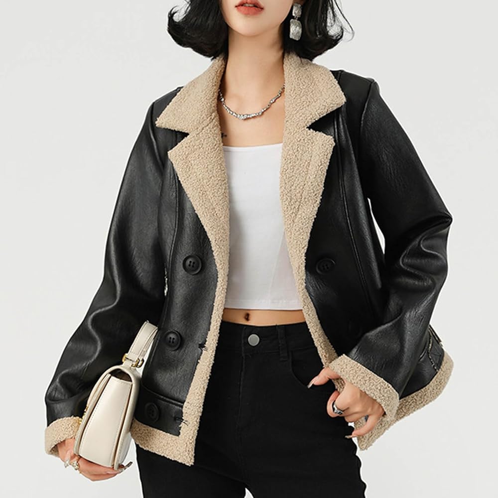 Amazon.com: Leather Bomber Jacket Women Faux Shearling Jacket