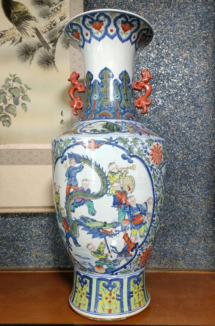 花瓶○龍尽くし 古い中国古美術 龍耳付き みごとな飾り 唐物 骨董品 希少□