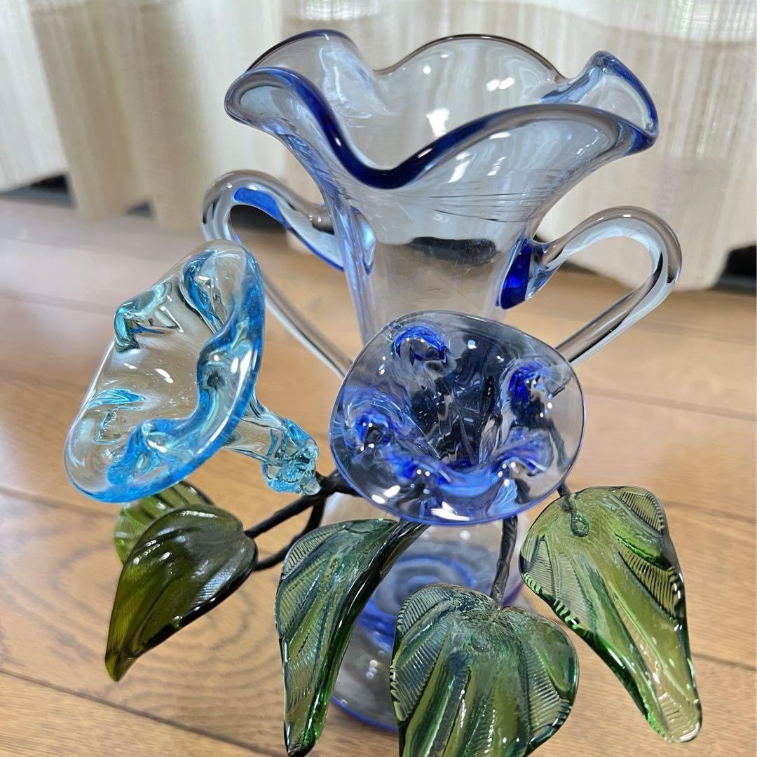 琉球ガラス 朝顔 吹きガラス 花瓶と花 気泡 手作り 置物 細工 時代物