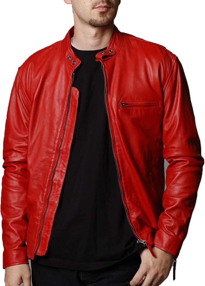 Amazon | [皮の但馬屋] レザージャケット メンズ 本革 赤 レッド 白
