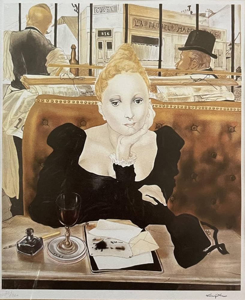 藤田嗣治、【カフェ】、希少画集画、新品高級額・額装付、状態良好