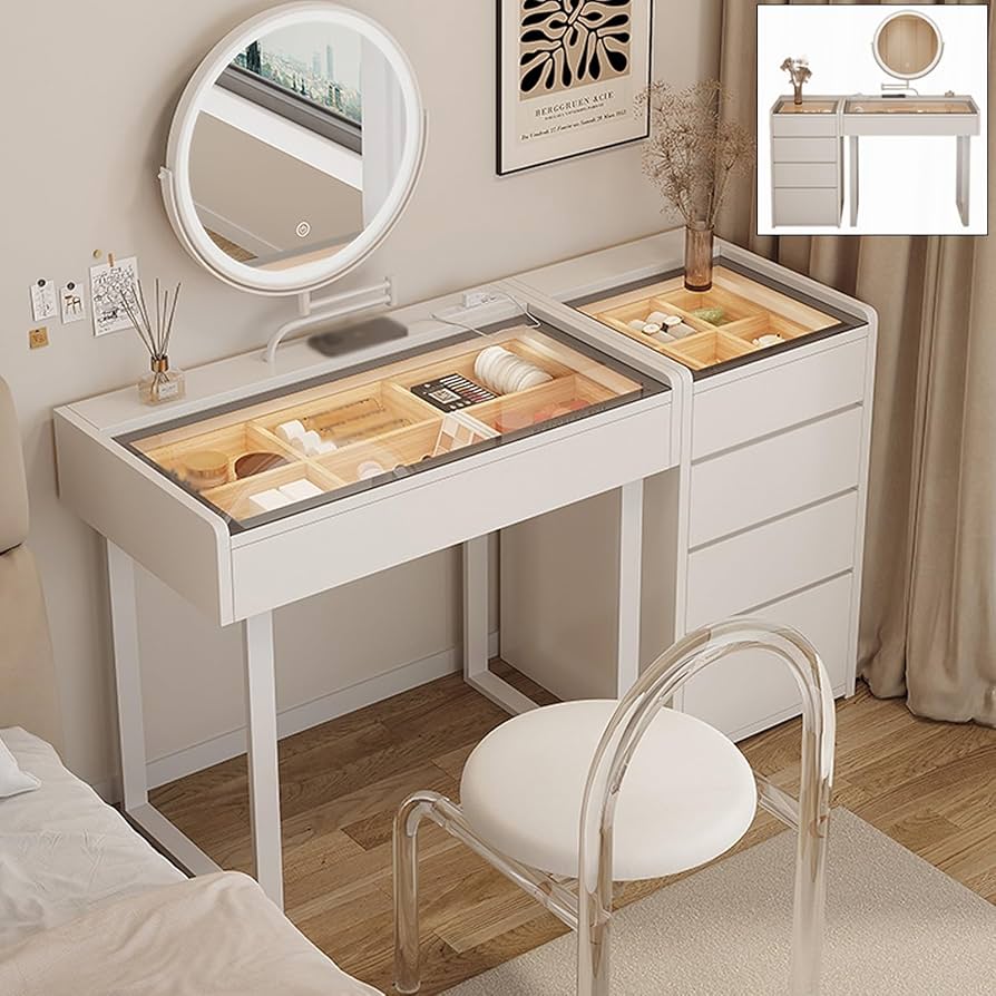 ドレッサーにぴったり】ガラス天板引き出し付き、優雅なコンソール