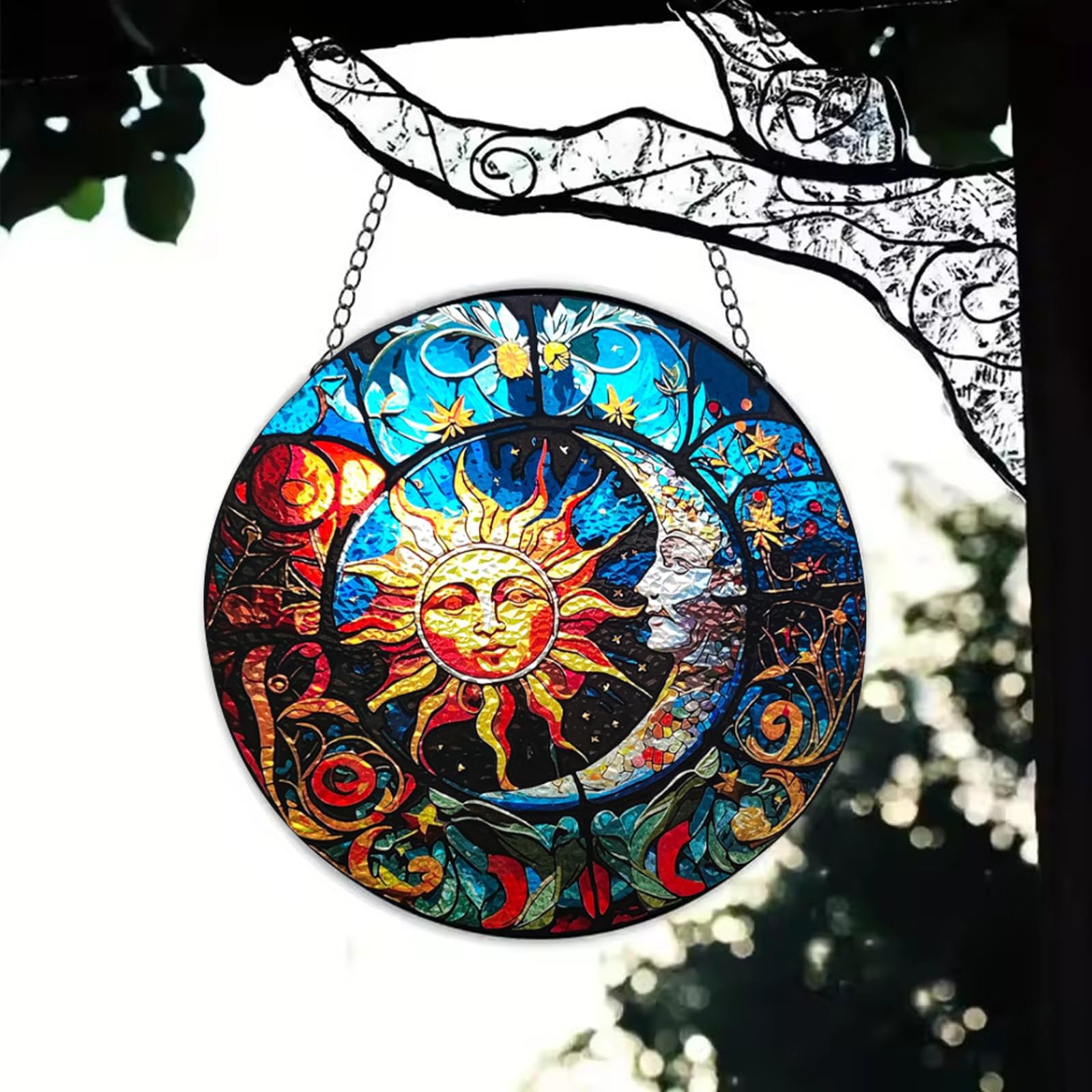 Amazon.co.jp: 太陽と月のステンドグラス壁掛けオーナメント、手描きの