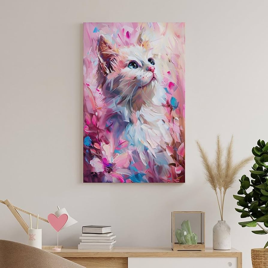 絵画額付 ( 白 ) 油絵F3-030919 可愛い子猫、子犬と女の子