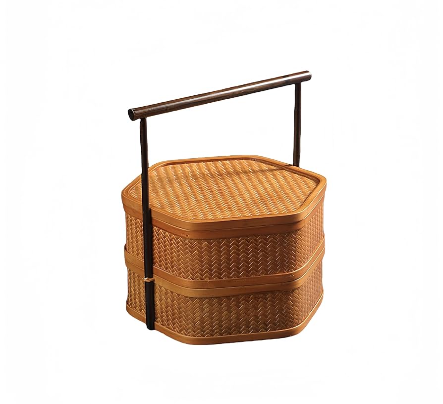 竹籠 三段お弁当箱 煎茶籠 ランチボックス 美品 竹編細工籠