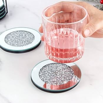 Amazon｜6ピース ガラスミラーコースターセット、4インチ ラウンド