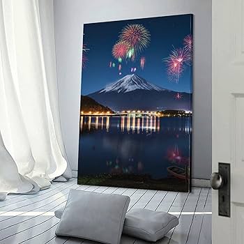 Amazon.co.jp: 絵画 花火の下の富士山インテリア 絵画 輝く水の反射