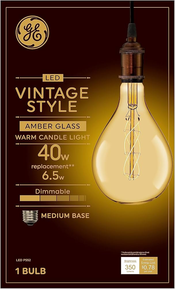 GE Vintage Style LED Light Bulb, 40 Watt, Amber Finish, PS52 Large