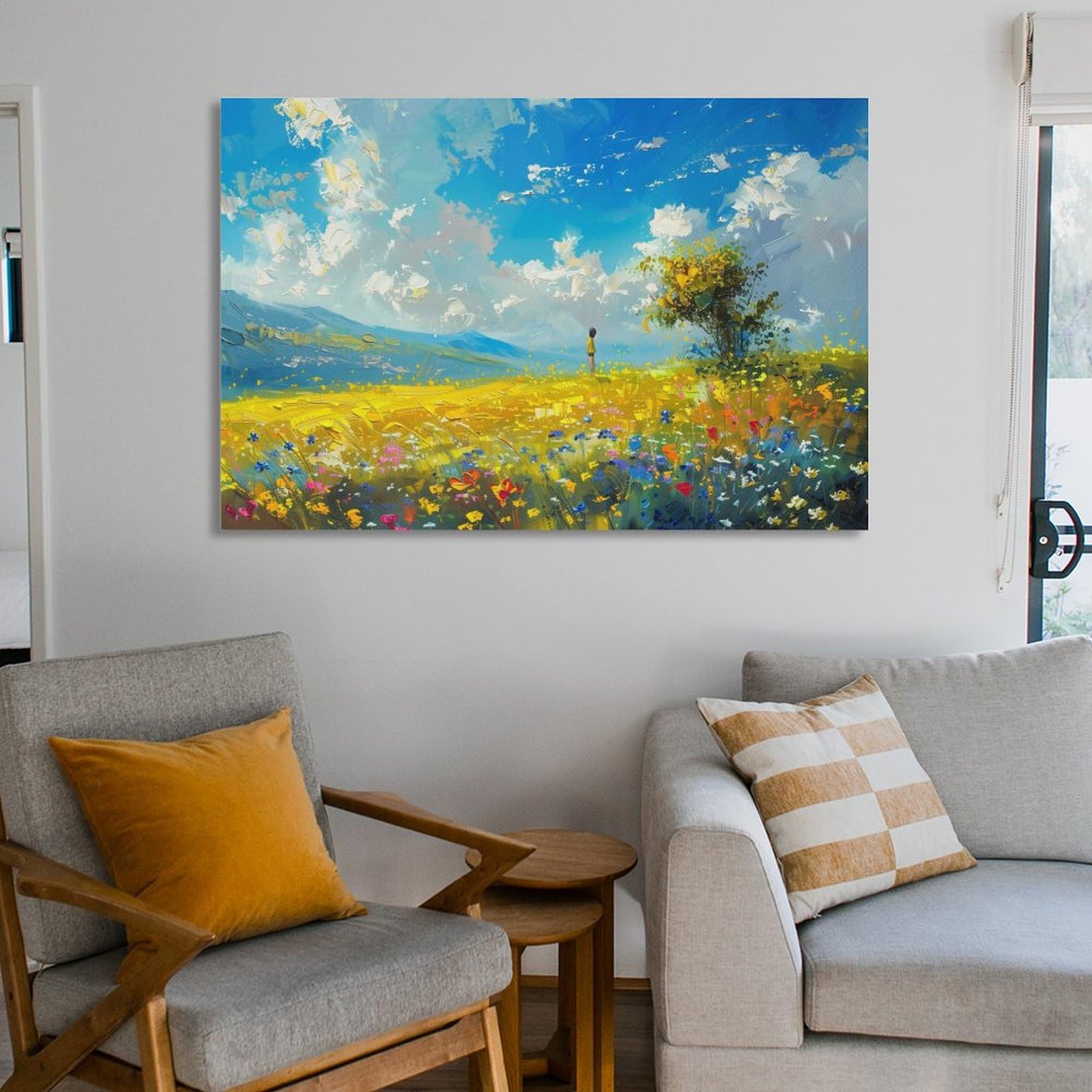 手描き油絵 3枚組 菜の花畑 肉筆額付 額付き 絵画 インテリア 油彩画