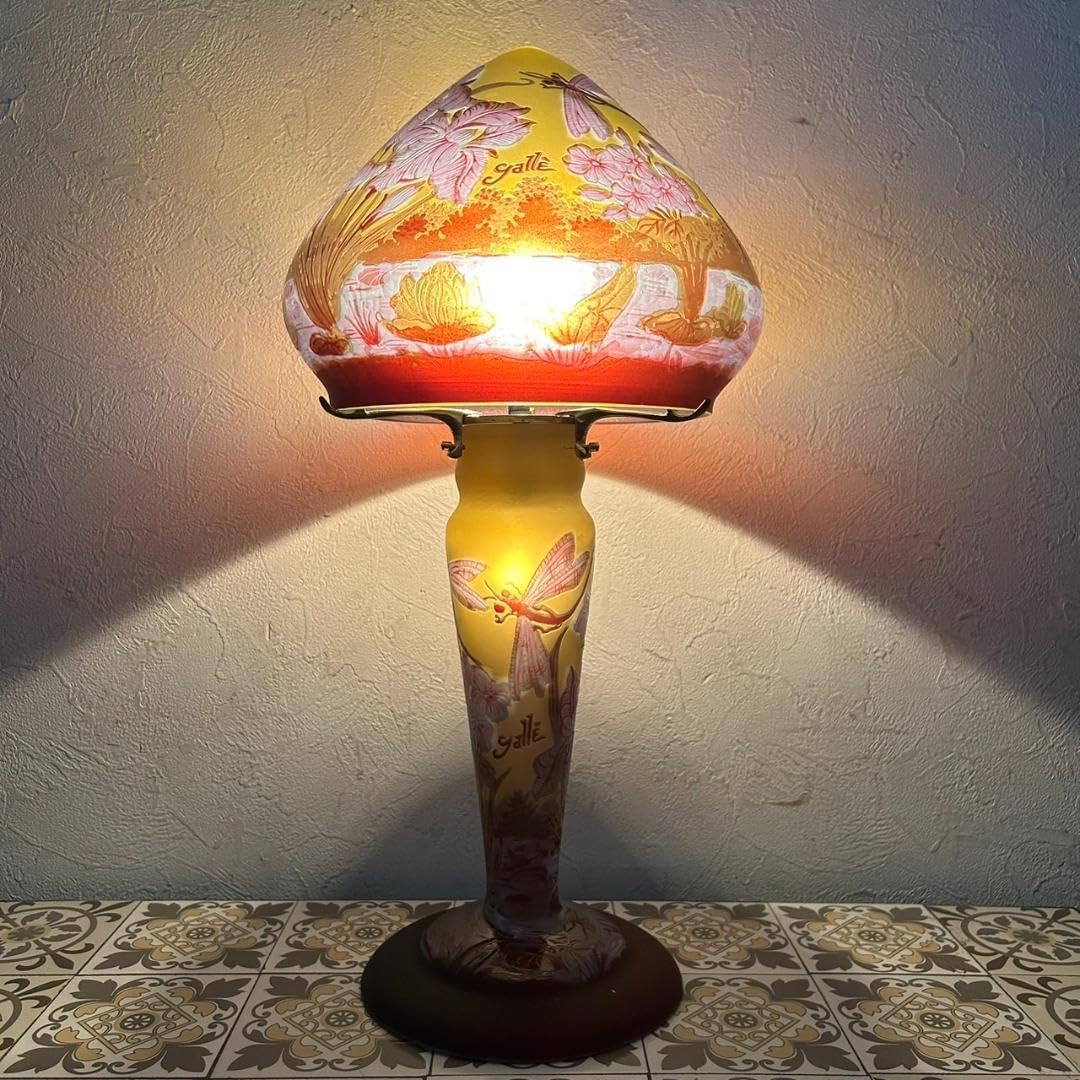 エミールガレ 真鍮台座 2灯ランプ 卓上照明 カメオ彫り 被せガラス