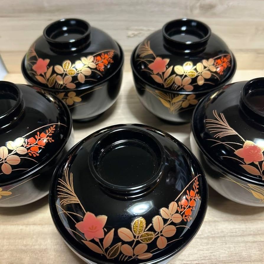 会津塗 椀 5個セット、牡丹洗朱 輪島塗 お椀 会津塗 椀 5個セット