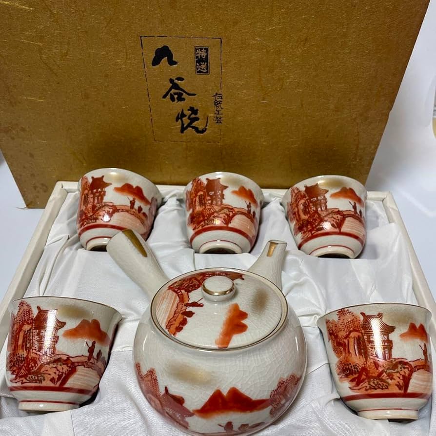 Amazon.co.jp: 九谷焼 覚山 茶器揃い 急須 湯呑み 5客 赤絵 山水 金彩